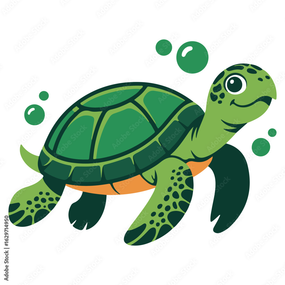 Fototapeta premium Adorable cartoon sea turtle swimming gracefully through clear blue water with playful green bubbles surrounding it