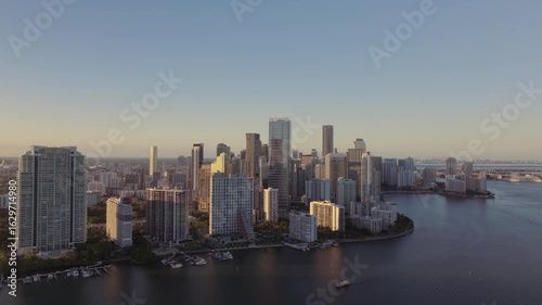Wallpaper Mural Establishing aerial view of Miami Brickell downtown skyline at sunset, featuring waterfront areas and modern urban architecture Torontodigital.ca