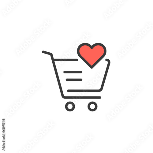 E-commerce wishlist line icon. Shopping cart with heart symbol for favorite items, customer loyalty, and online store graphic.