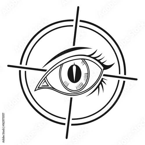 Mysterious eye within a circular target symbol with crosshairs and tribal design