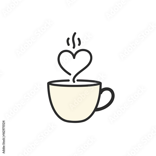 A charming doodle of a warm beverage cup with steam forming a heart. A minimalist symbol of coffee or tea love.