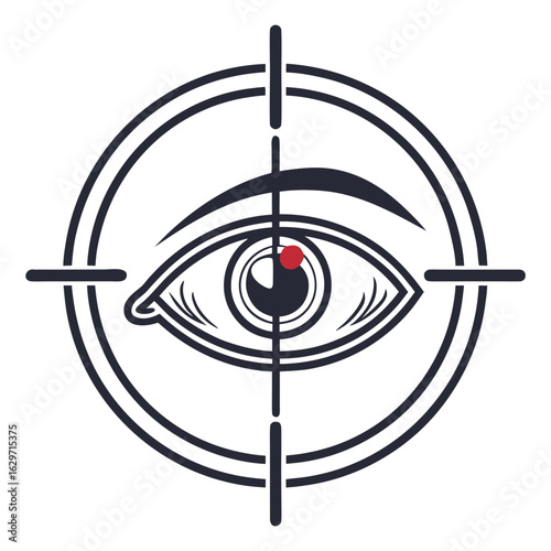 Stylized eye in crosshairs with red dot on pupil symbolizing focus and surveillance