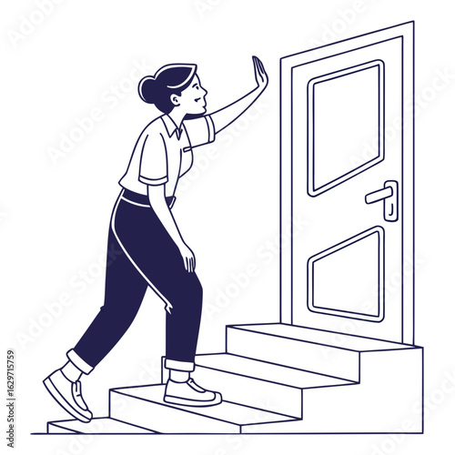 Woman climbing stairs and reaching out to knock on a closed door