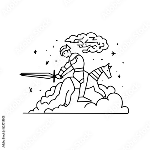 Line art depiction of a knight in armor riding a horse on clouds holding a sword in the sky with stars