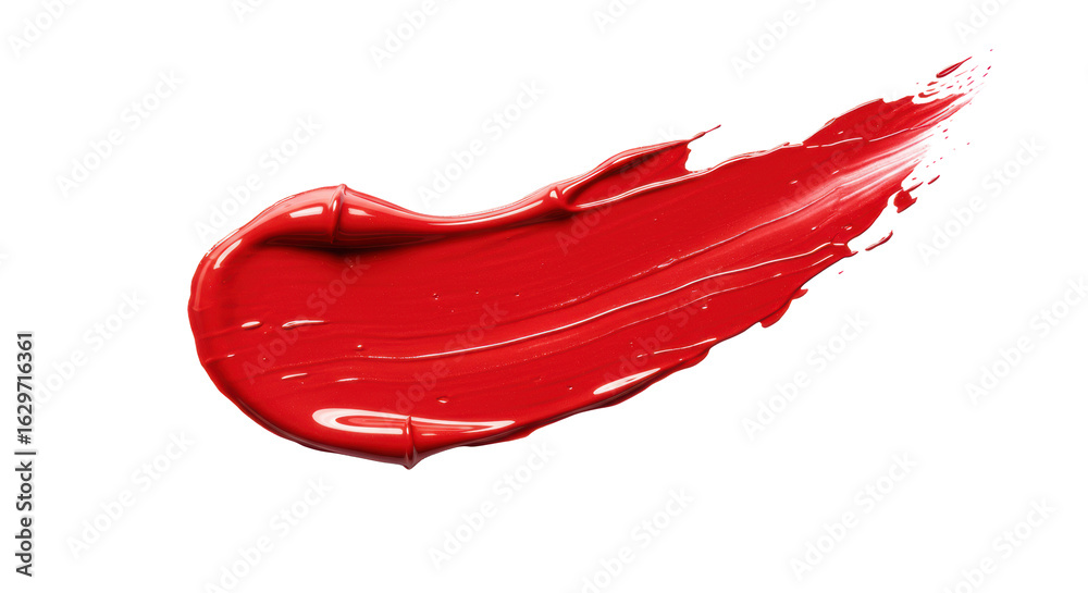 Fototapeta premium Vibrant red glossy paint smear, brushstrokes, wet, diagonal on transparent with copy space, high-key studio flat lay, macro sharp, concept of dynamic artistic luxury.