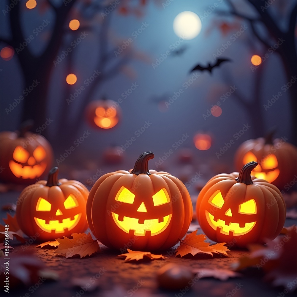 Fototapeta premium Halloween Night with Many Glowing Pumpkins and Blurry Spooky Background