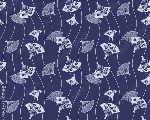 Japanese Wave Flower Hand Fan Vector Seamless Pattern