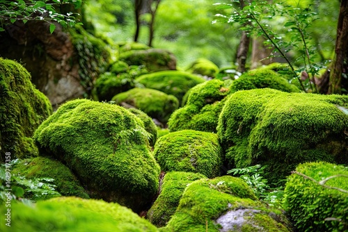 Lush green moss covers rocks in a forest