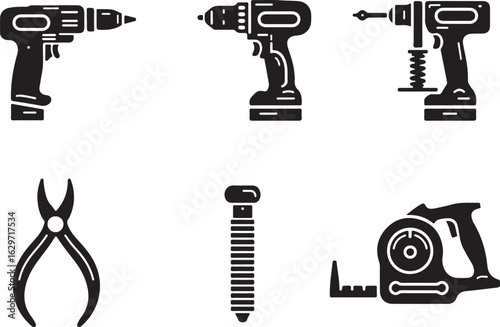 Power drills, pliers, screw, and tape measure tools for DIY projects