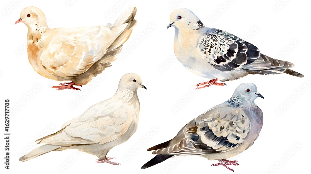 Fototapeta premium Watercolor painting. Set of doves on white background.