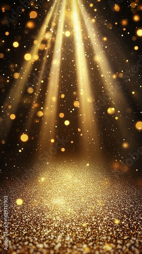 Golden glitter background with spotlight beams.