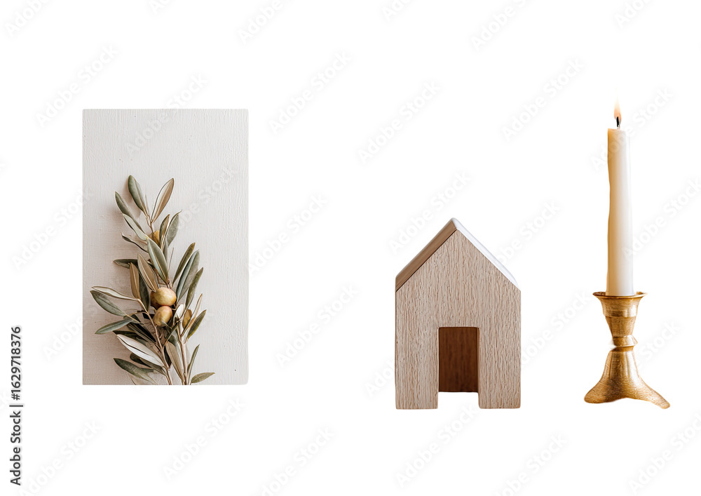 Naklejka premium Muted tones, still life with simple elements. A sprig of olive branches on off-white background, a small wooden house, and a golden candleholder