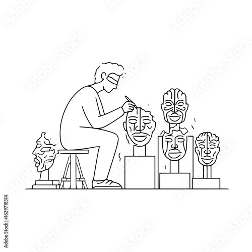 A line drawing of a sculptor working on a face sculpture with other sculptures displayed nearby