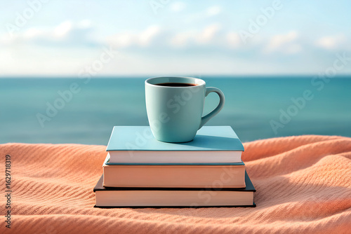 Relaxing beach scene with coffee and books on a towel