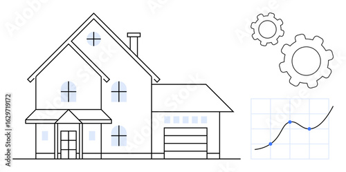 House outline with windows and garage, two gear icons, and a graph for data insights. Ideal for real estate, smart homes, innovation, analysis, technology, engineering simple landing page