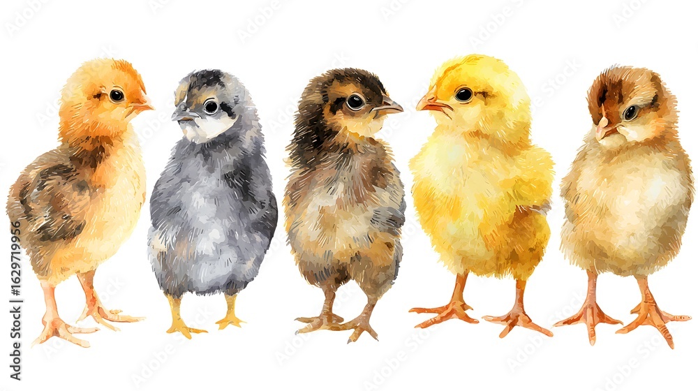 Naklejka premium Set of fluffy chickens and cracked eggs hand drawn in watercolor isolated on the white background. The symbol of spring, new life, nature's awakening and Easter celebration