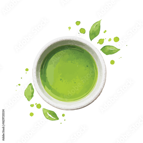 Cup of green tea watercolor illustration, isolated on white background