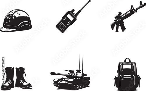 Tactical gear icons military equipment safety protection communication