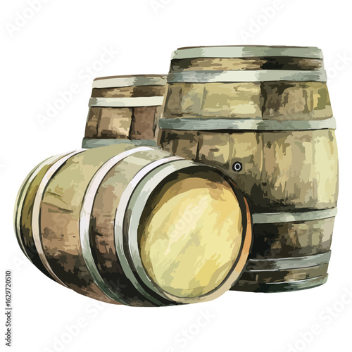 Three barrels of wood watercolor illustration