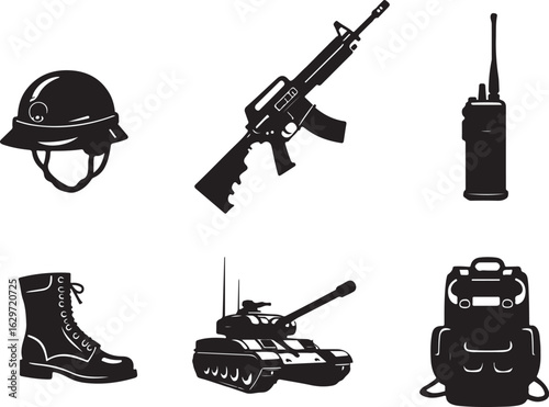 Military gear icons: helmet, rifle, radio, boot, tank, backpack