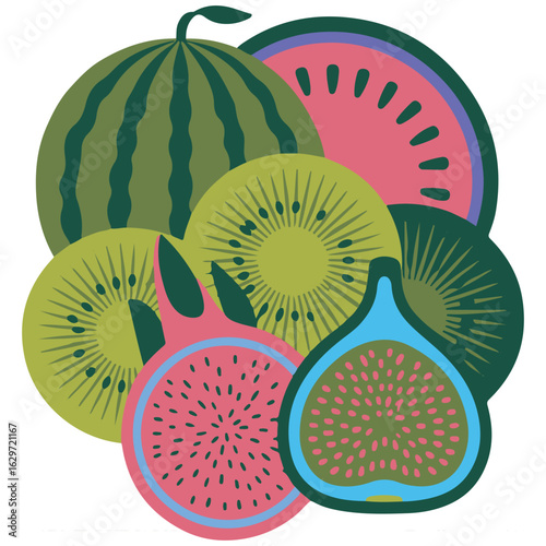 Vibrant assortment of fresh tropical and summer fruits including watermelon kiwi dragon fruit and fig slices