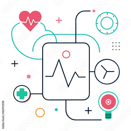 "Minimalist line pattern of wearable devices, ECG graphs, and virtual health assistants on white background"