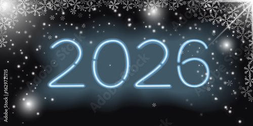 2026 New Year. beautiful decorative snowflakes on a black background. background of blue snowflakes. postcard. holiday concept, neon light liters