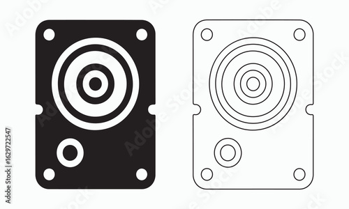 Vector Illustration of a Hard Disk Drive HDD in Solid and Outline Styles
