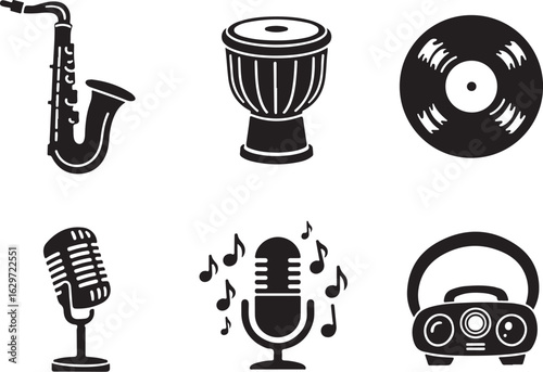 Dynamic musical instruments and audio equipment icons for creative projects