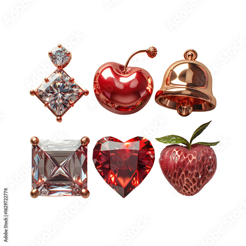 3D slot game elements collection cherry, bar, diamond, and bell, floating in clean matte white background, soft lighting, high-end render