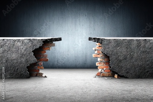 Concrete wall broken in two, revealing an empty space