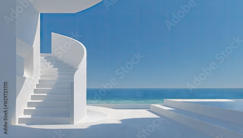 White architectural stairway overlooking a serene ocean vista