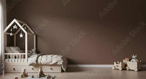 A minimalist children's bedroom with a wooden house-shaped bed, displaying neutral colors, and a wooden train toy. Empty space with a brown wall and light wood flooring.