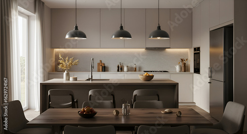 Modern kitchen with light gray cabinets and wooden countertop, featuring pendant lighting and a dining area with gray upholstered chairs.