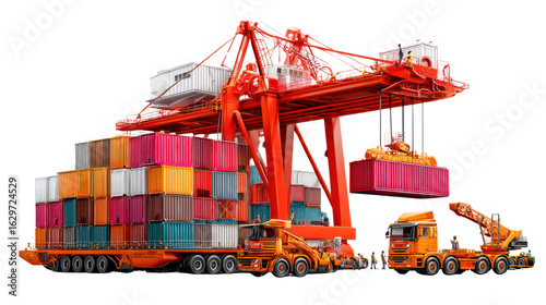 Global Logistics Hub: A dynamic representation of global trade unfolds, showcasing a massive gantry crane efficiently loading a vibrant shipping container onto a waiting truck.