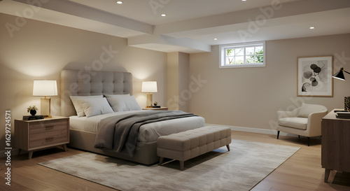 Neutral-toned basement bedroom with a modern aesthetic. A comfortable bed with matching accent furniture is displayed in a well-lit space.