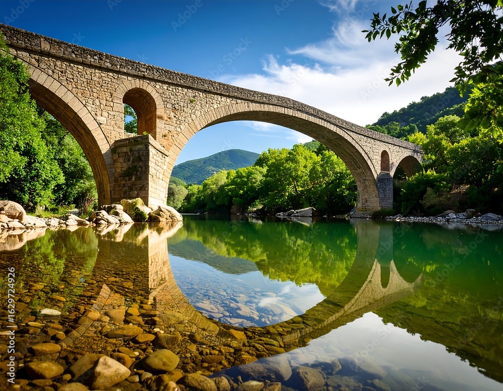 Fototapeta premium Stone arch bridge over calm river