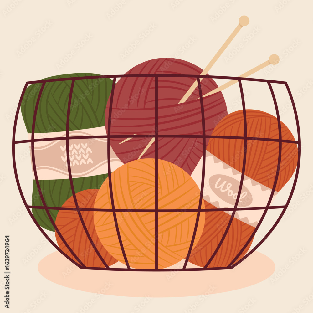 Fototapeta premium Vector illustration of basket with colorful knitting yarn and wooden needles. Various knitting yarn. 