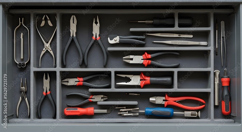Fototapeta premium Gray matte style toolbox shows pliers, screwdrivers, and tweezers. Ideal for posters, ads, and industrial product photography.