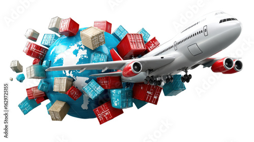 Global Logistics: An airplane encircles the globe, symbolizing international trade and transportation of goods, showcasing the interconnectedness of global commerce.