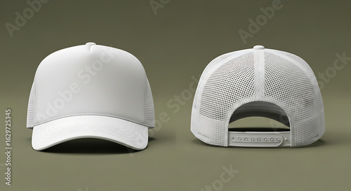 Clean white trucker cap mockup with a snapback, showing front and rear views.