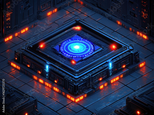 Futuristic isometric design featuring glowing blue energy core surrounded by intricate dark structures and illuminated accents. scene evokes sense of advanced technology and digital innovation