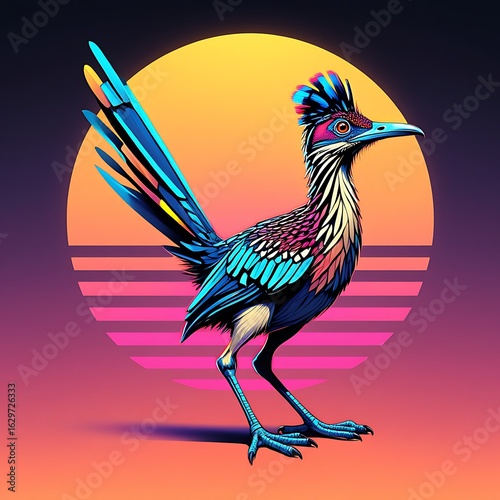 Retro 80s synthwave roadrunner bird against a sunset