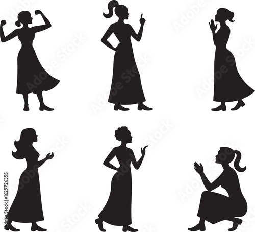 Diverse women silhouettes show strength, thought, and grace in poses