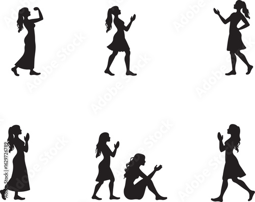 Graceful women silhouettes in diverse poses showcasing elegance and movement