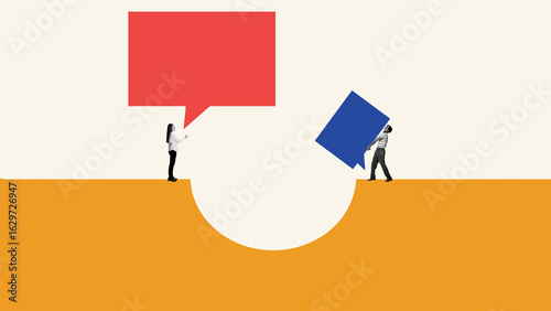 Φωτογραφία Creative collage of woman and man trying to communicate from separate sides with speech bubbles in tension