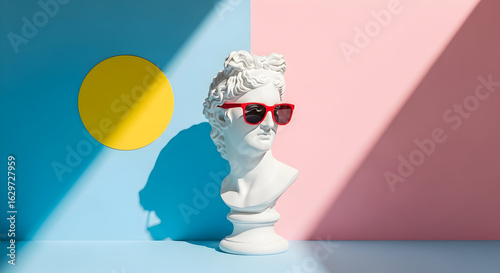 Playful Composition of Pink Sunglasses, a Blue Miniature Keyboard, and a Small Green Succulent Plant on a Neutral Background

