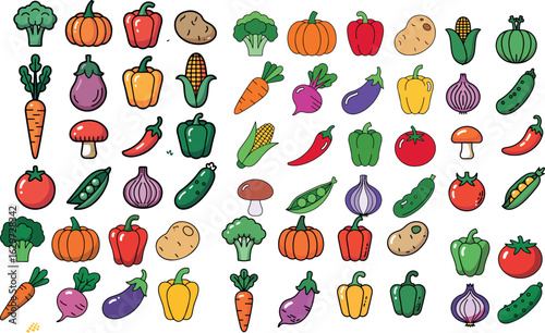 Vibrant collection of fresh vegetables and healthy food icons for culinary inspiration and design