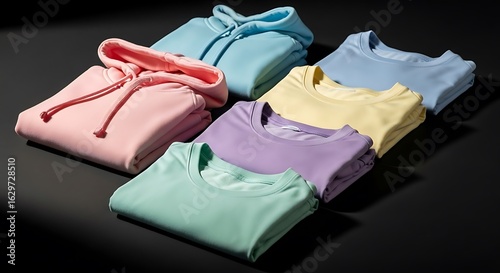 Soft pastel colored hoodies and t shirts neatly folded on a dark background