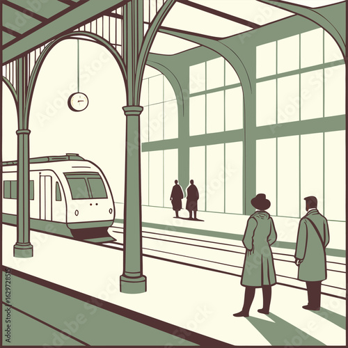 Stylized flat illustration of a train station with people and a train flat design waiting